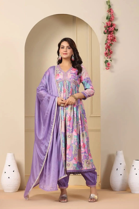 Muslin Alia Cut Zari Embroidery Digital Print work Kurti Pant Set (Stitched) - Premium  from Ethenika.com - Just INR 1990! Shop now at Ethenika.com 