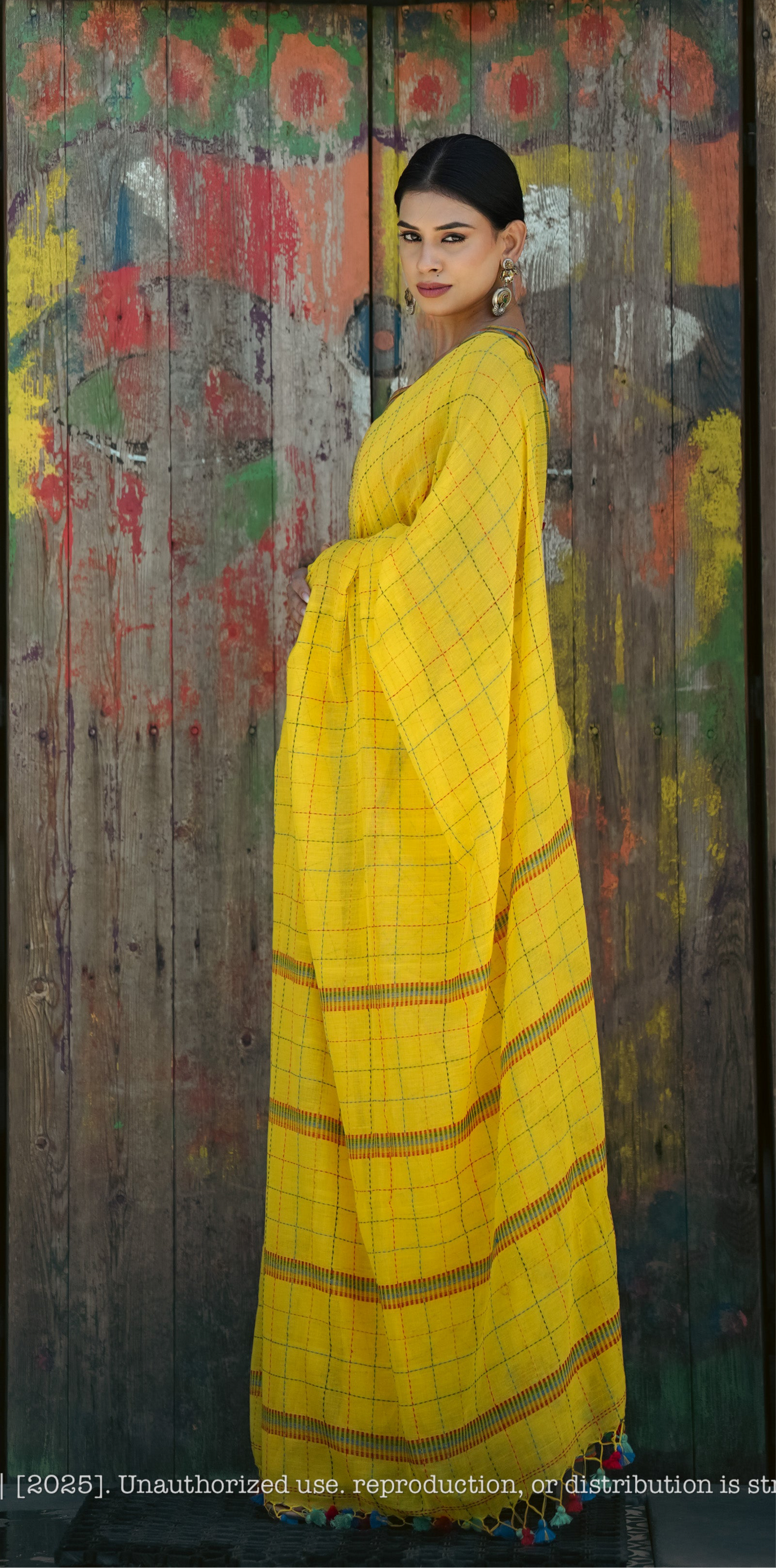 Chandani Yellow Checks Mul Cotton Saree with Hand Kantha Work