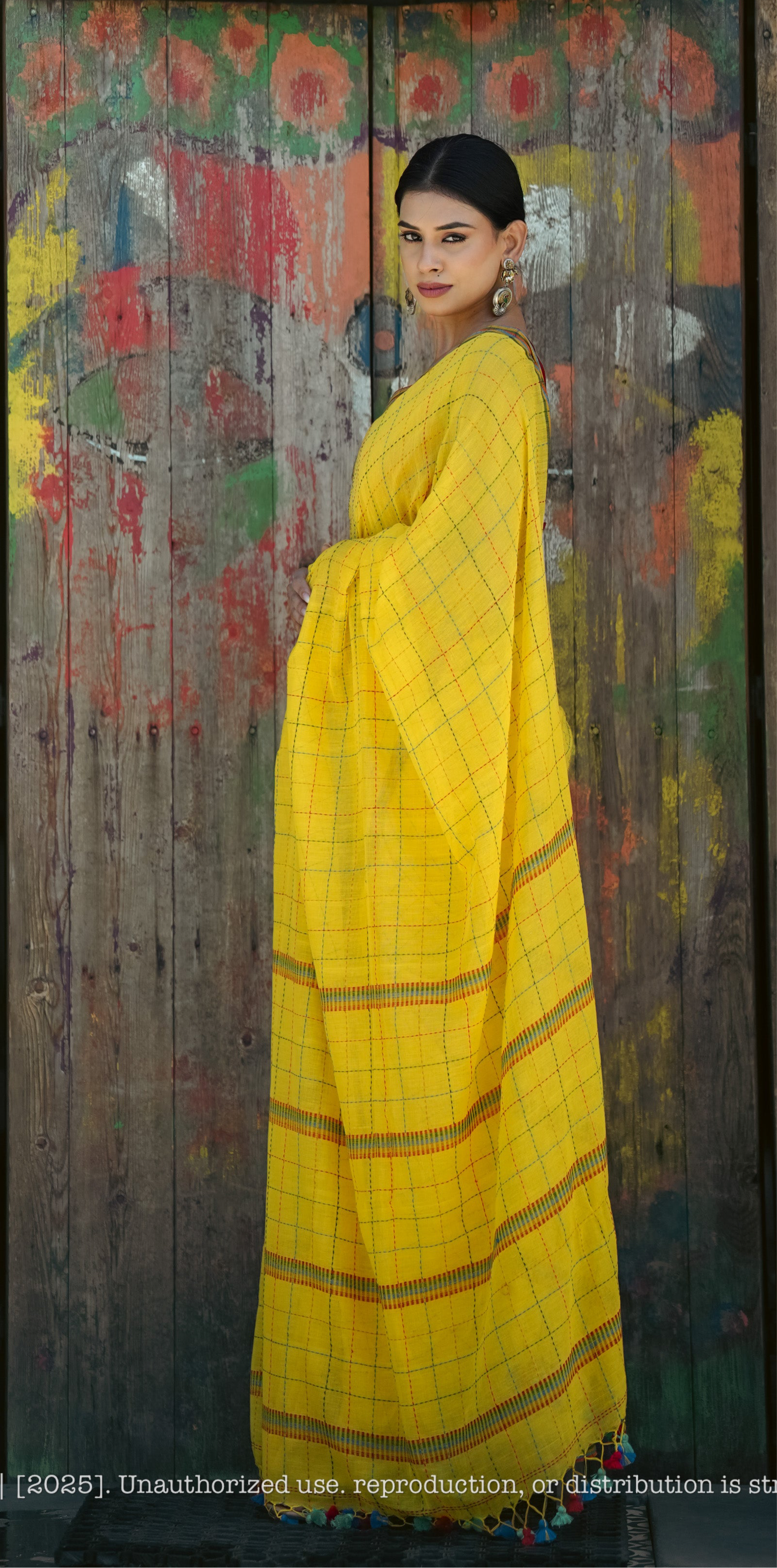 Chandani Yellow Checks Mul Cotton Saree with Hand Kantha Work