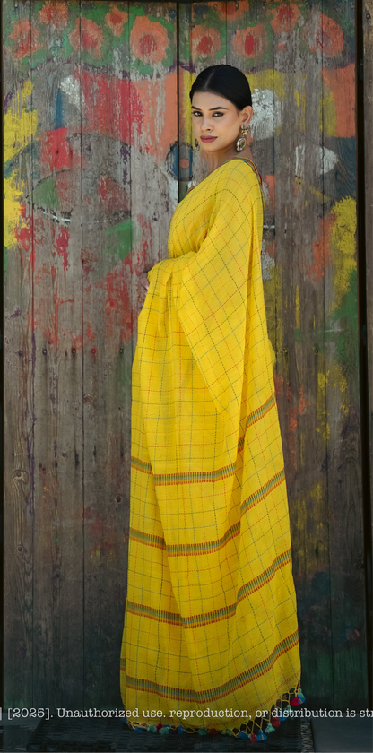 Chandani Yellow Checks Mul Cotton Saree with Hand Kantha Work