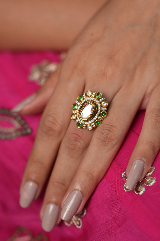 Rohini Polki Blob Coloured Halo Moissanite  Ring | Adjustable