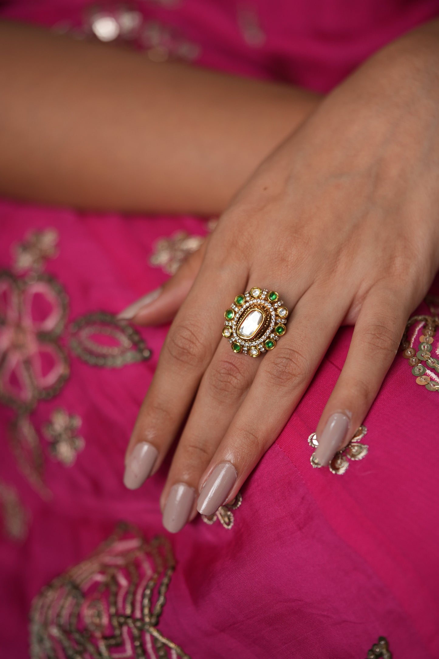 Rohini Polki Blob Coloured Halo Moissanite  Ring | Adjustable