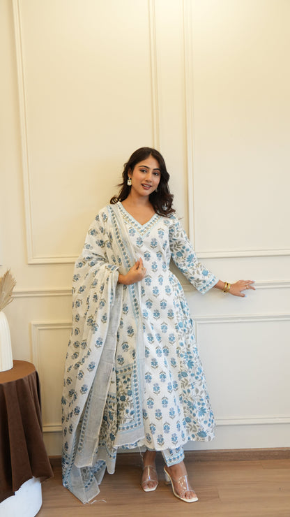 Grey White Cotton Afghani Kurti With Pant & Dupatta Set