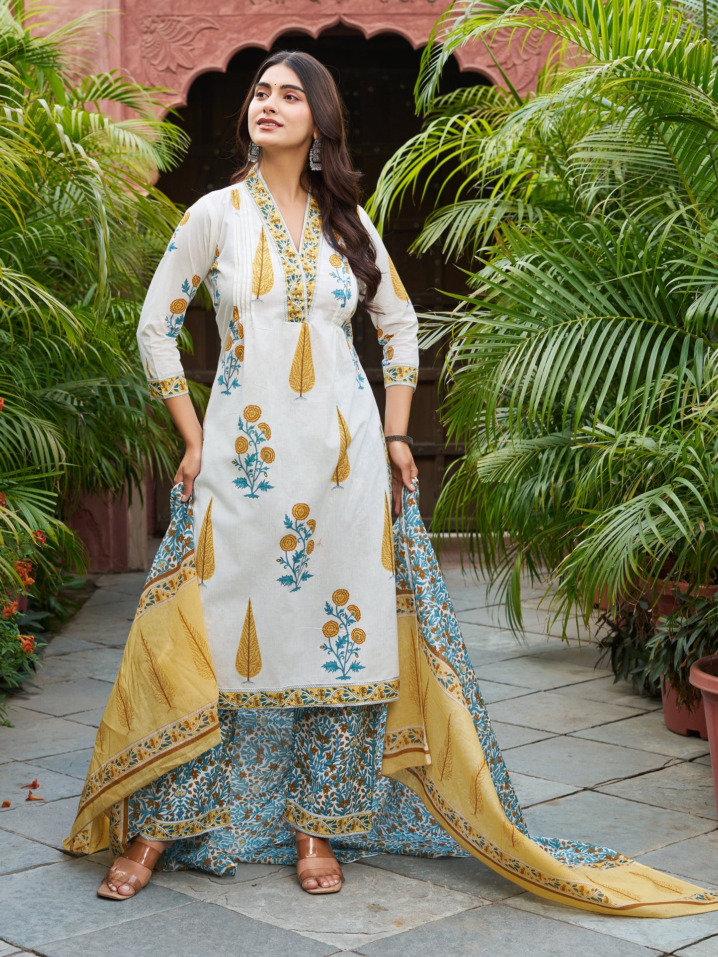 Ivory & Yellow Floral Printed Kurta Set with Matching Dupatta