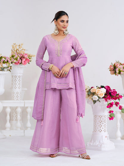 Lavender Embroidered Peplum Top with Sharara Set