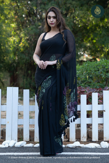 Rose Kantha Embroidered Mul Cotton Saree - Black