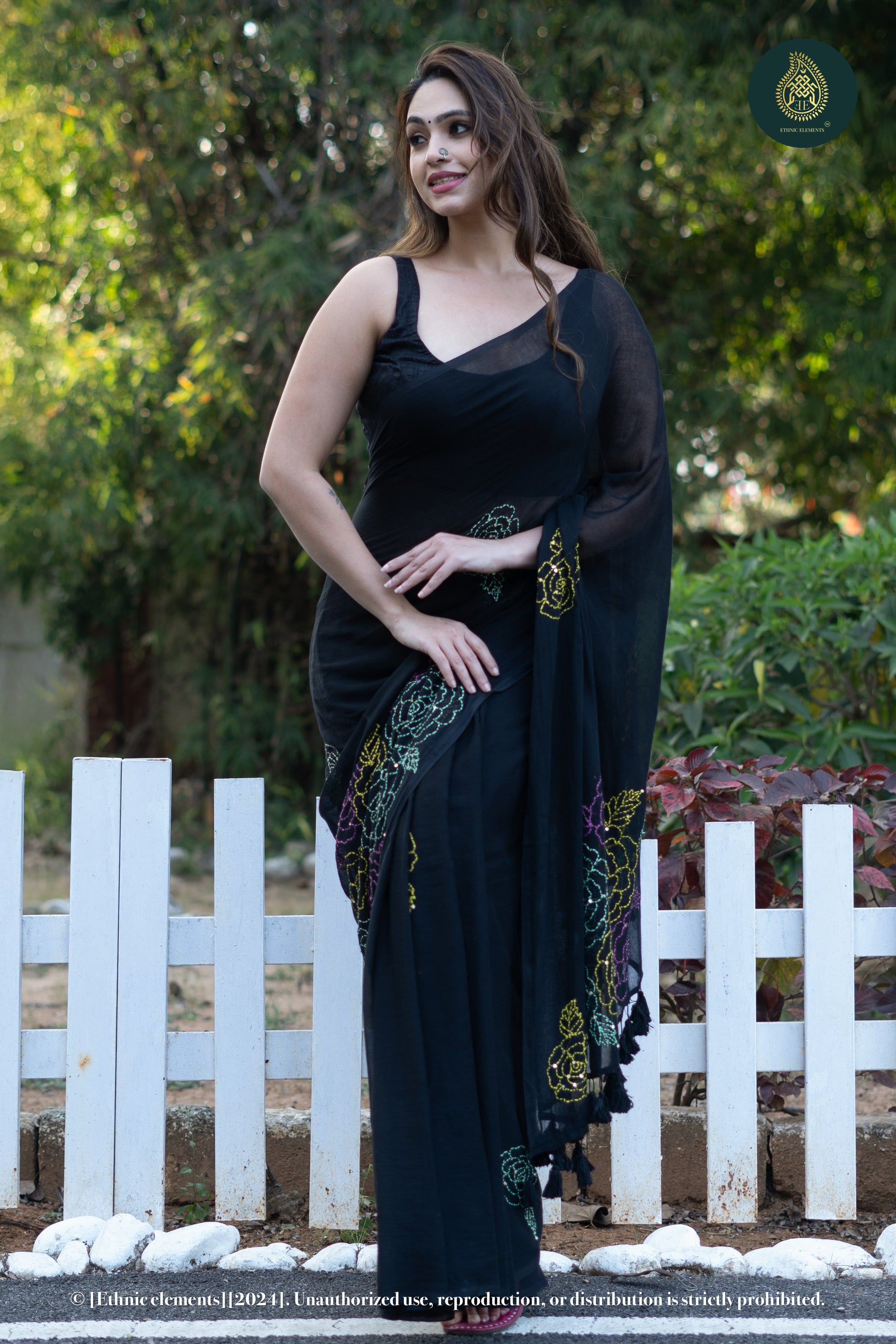 Rose Kantha Embroidered Mul Cotton Saree - Black