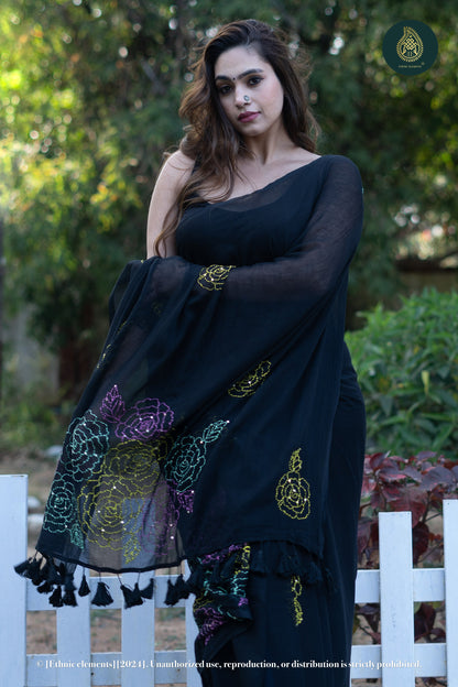 Rose Kantha Embroidered Mul Cotton Saree - Black