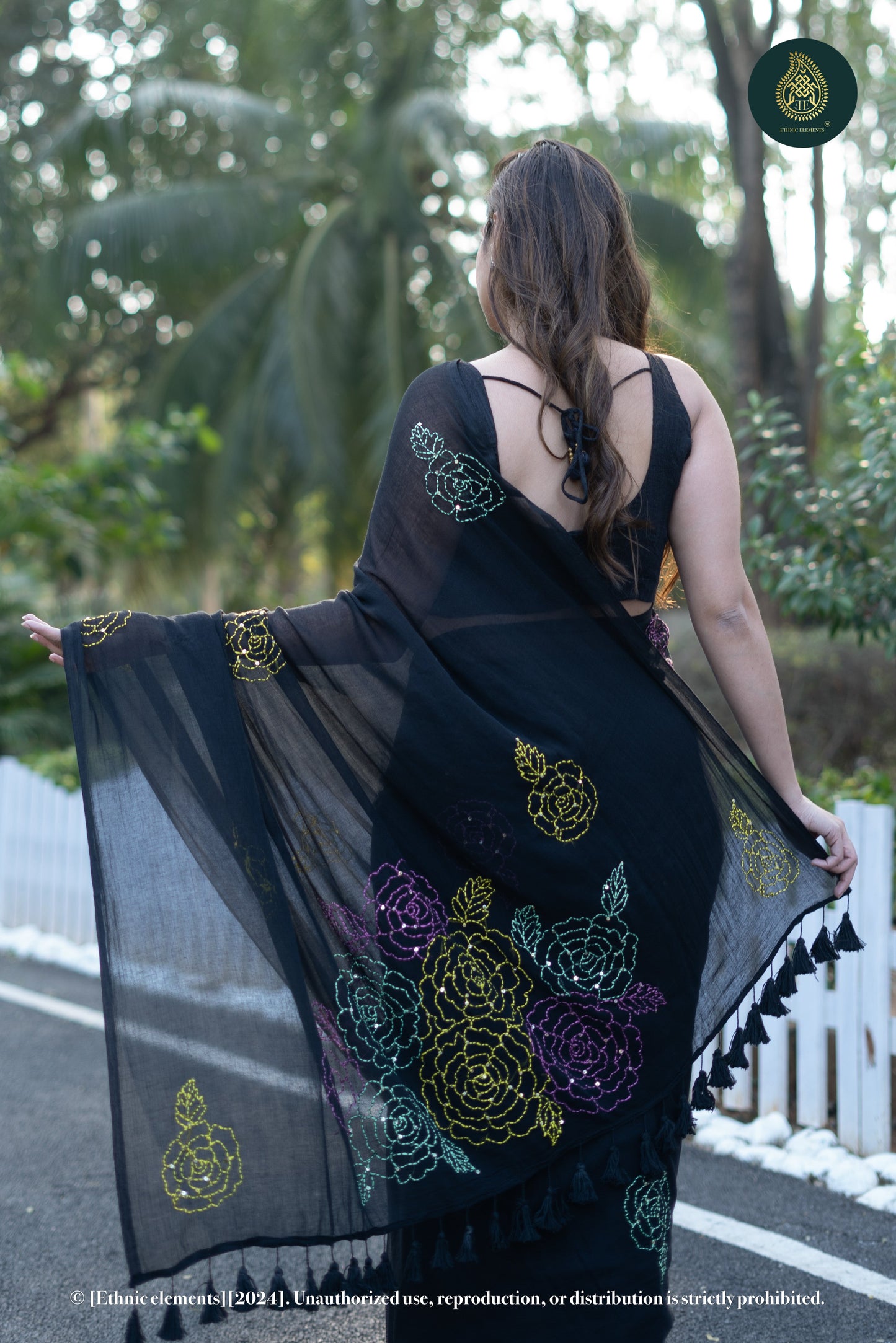 Rose Kantha Embroidered Mul Cotton Saree - Black