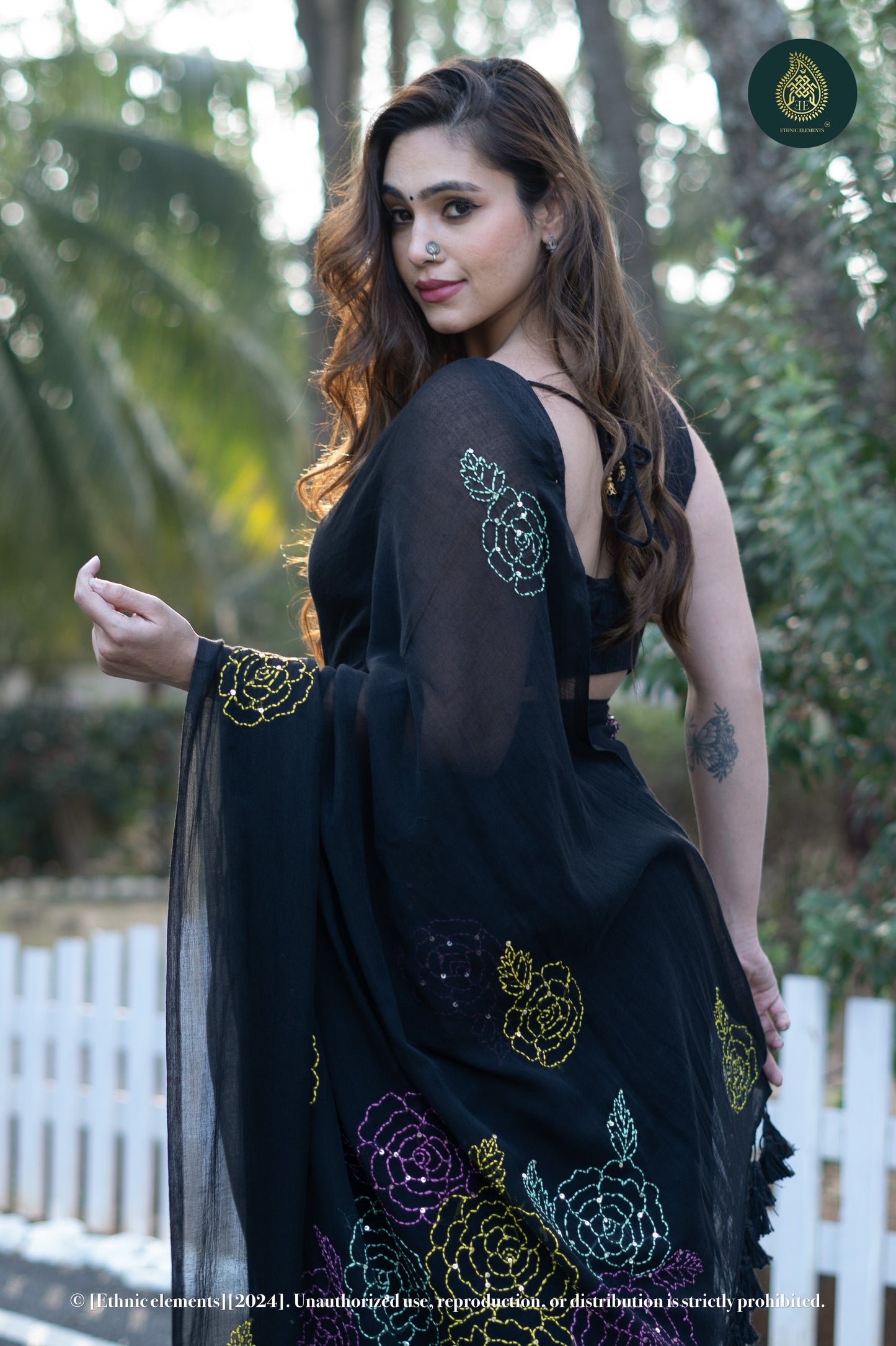 Rose Kantha Embroidered Mul Cotton Saree - Black