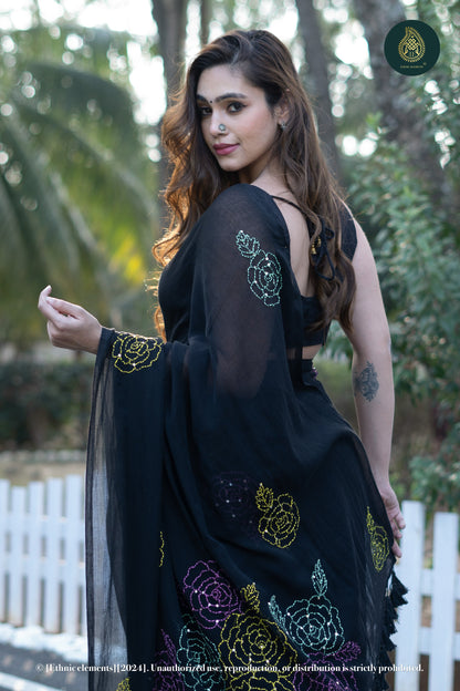 Rose Kantha Embroidered Mul Cotton Saree - Black