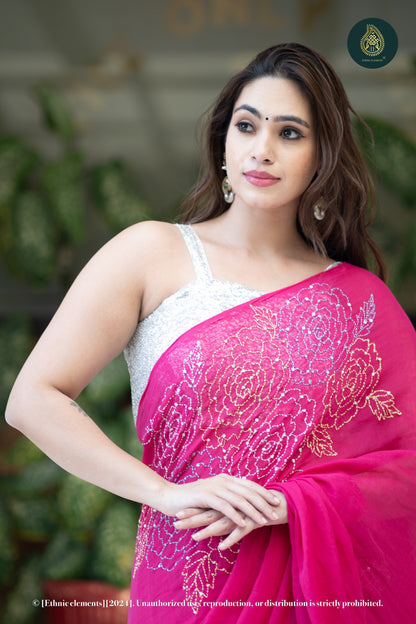 Rose Kantha Embroidered Mul Cotton Saree - Pink