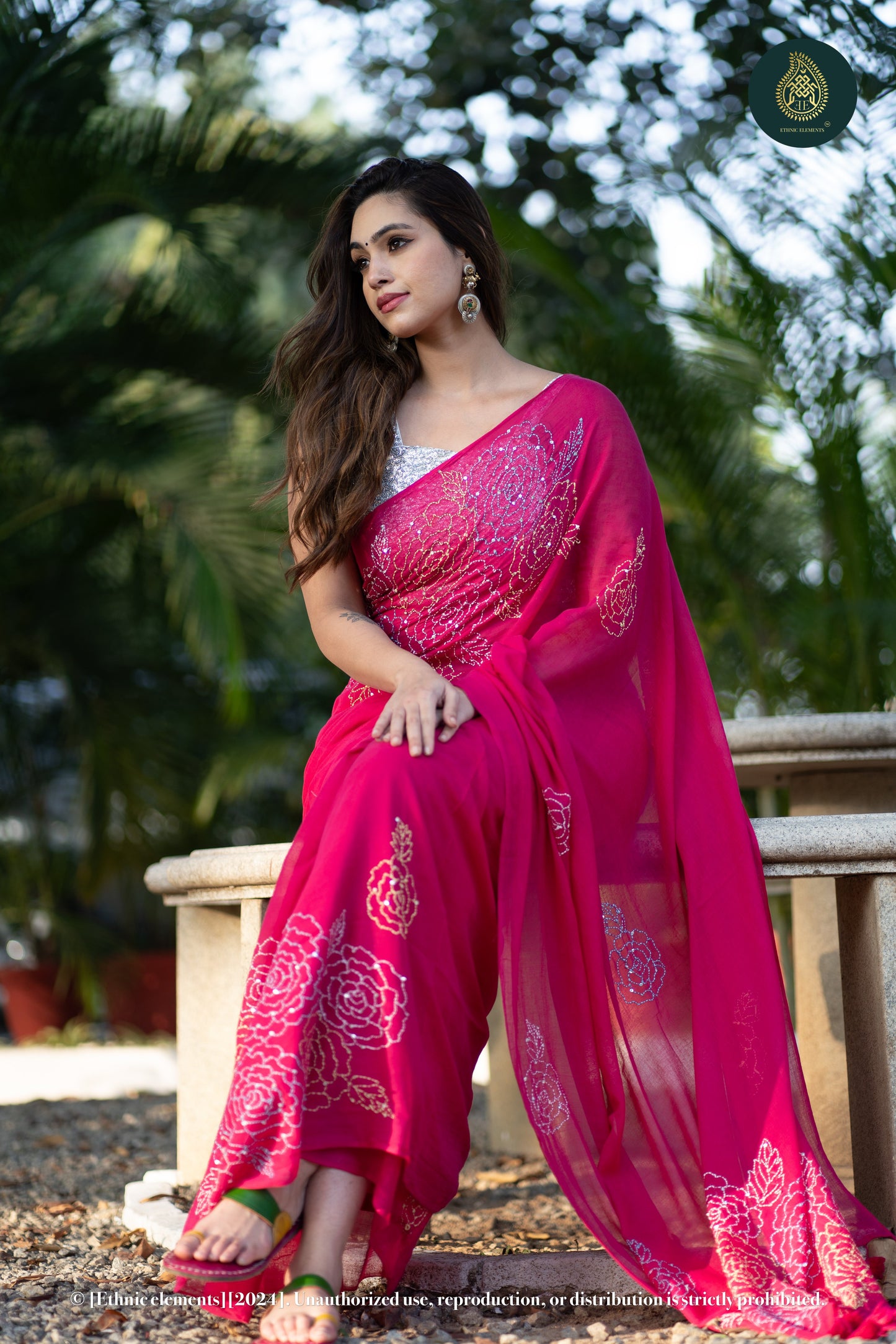 Rose Kantha Embroidered Mul Cotton Saree - Pink