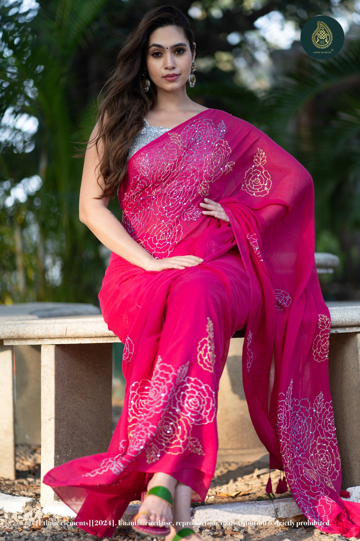 Rose Kantha Embroidered Mul Cotton Saree - Pink