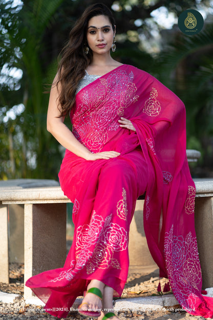 Rose Kantha Embroidered Mul Cotton Saree - Pink