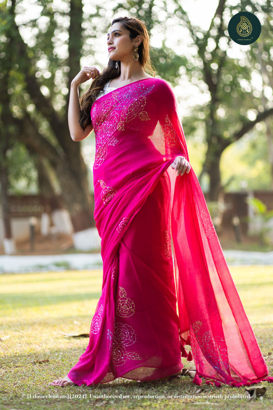 Rose Kantha Embroidered Mul Cotton Saree - Pink