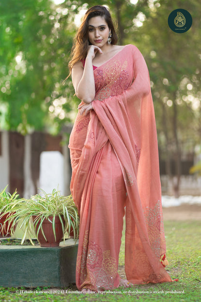 Rose Kantha Embroidered Mul Cotton Saree - Peach Blossom
