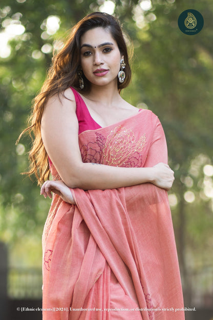 Rose Kantha Embroidered Mul Cotton Saree - Peach Blossom