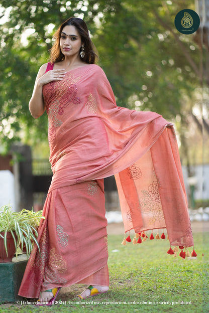 Rose Kantha Embroidered Mul Cotton Saree - Peach Blossom