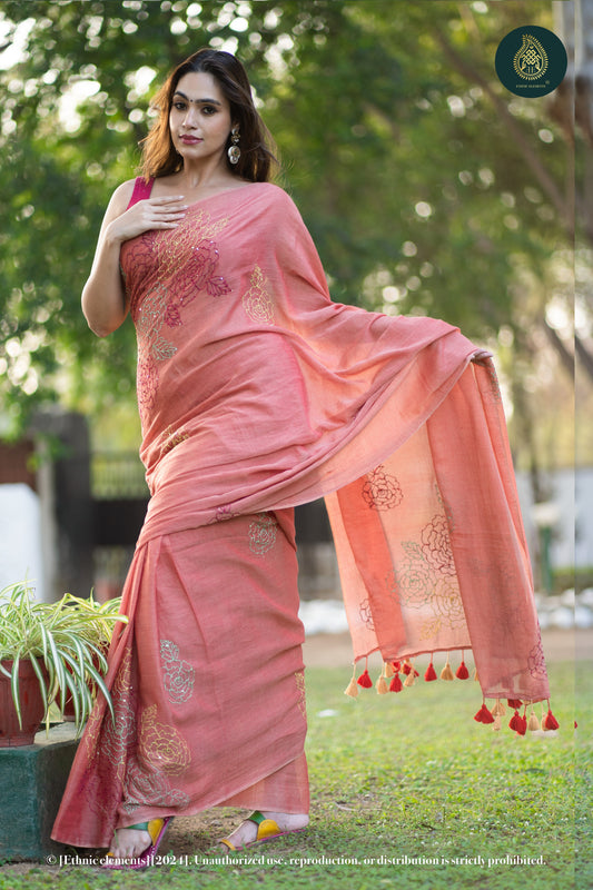 Rose Kantha Embroidered Mul Cotton Saree - Peach Blossom