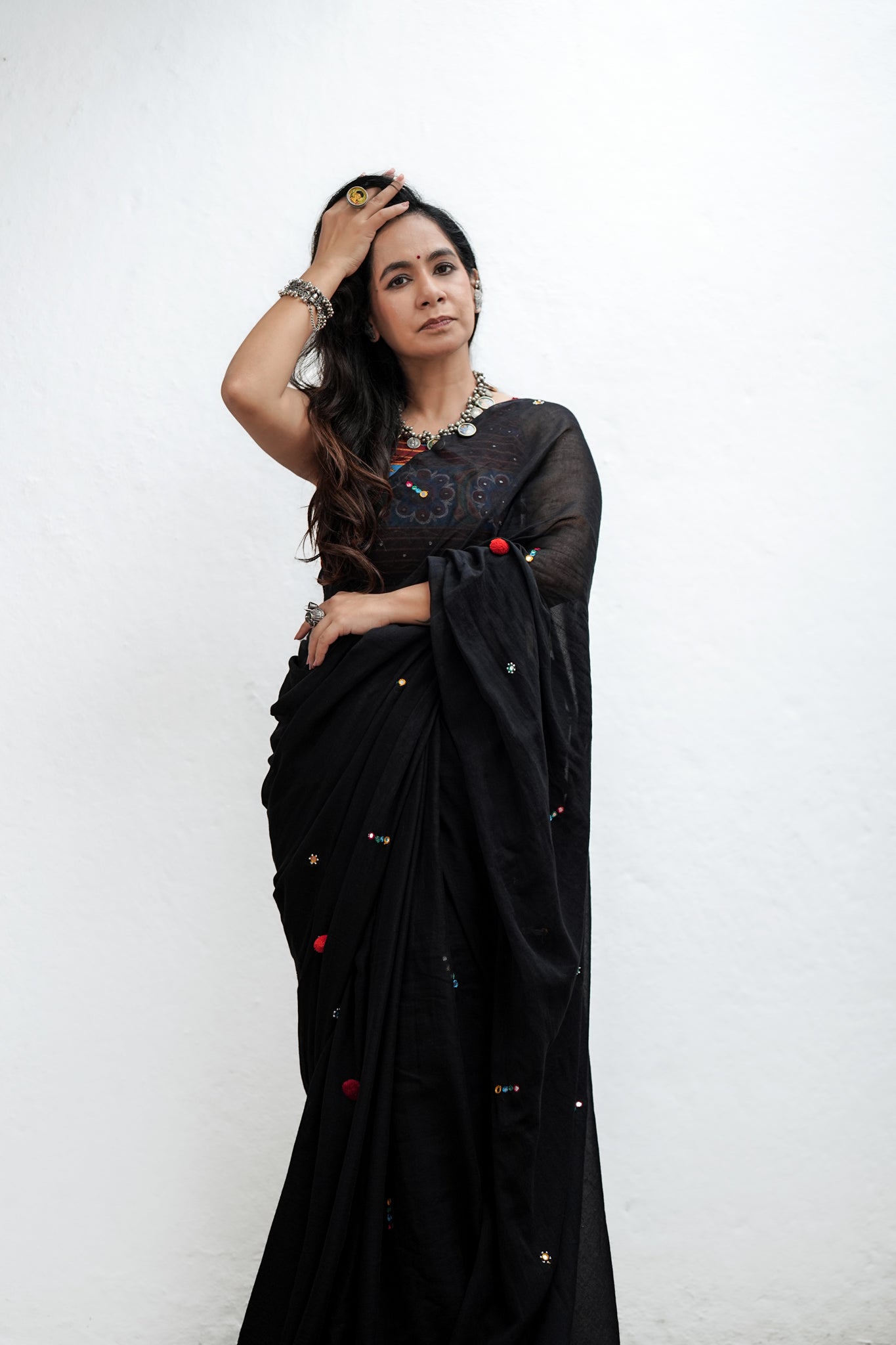 Mul Cotton Hand Mirror Work Black Boho Saree