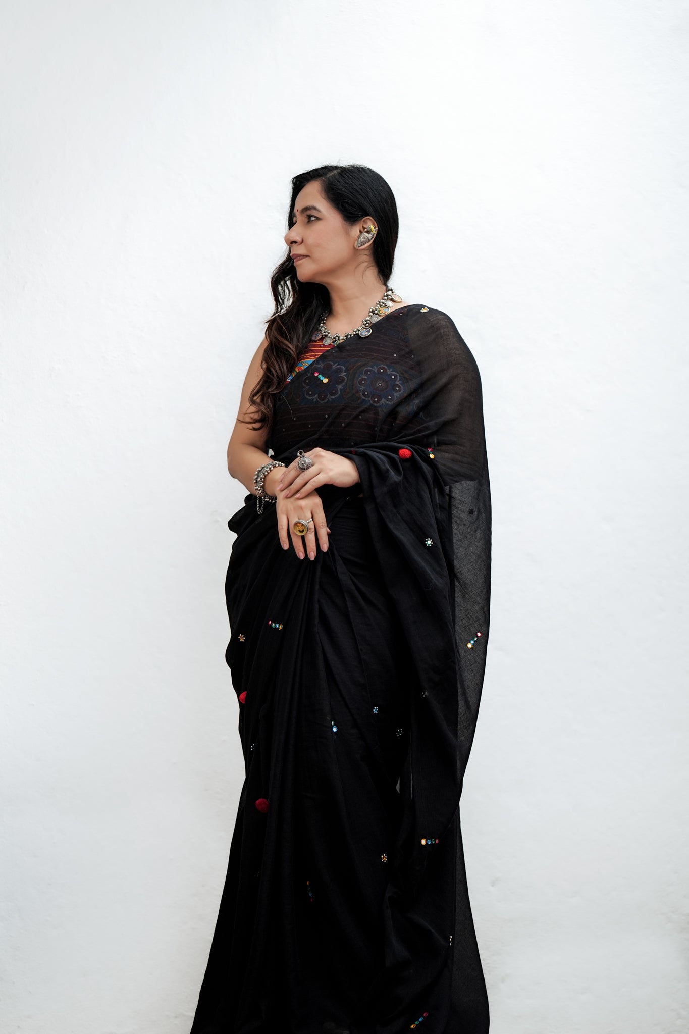 Mul Cotton Hand Mirror Work Black Boho Saree