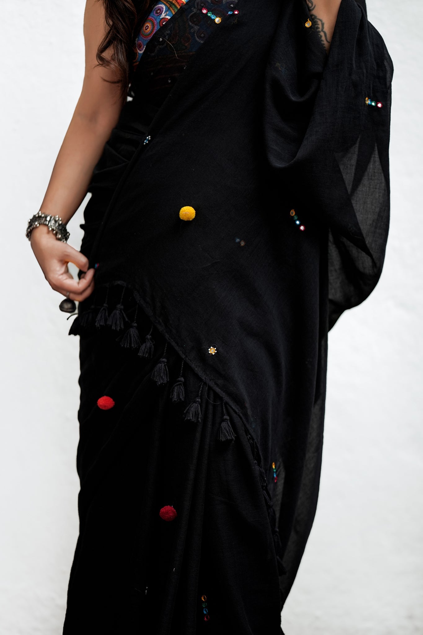 Mul Cotton Hand Mirror Work Black Boho Saree