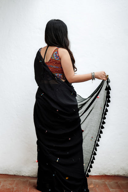 Mul Cotton Hand Mirror Work Black Boho Saree