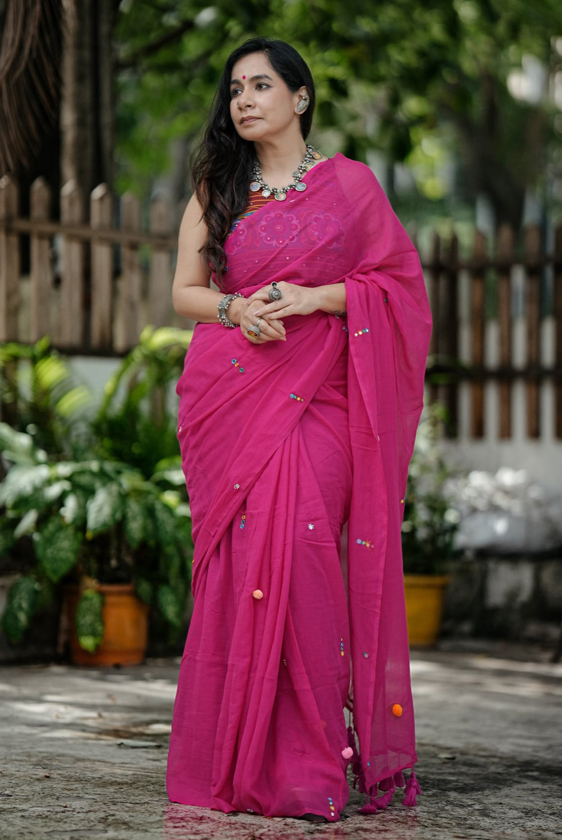 Mul Cotton Hand Mirror Work Pink Boho Saree