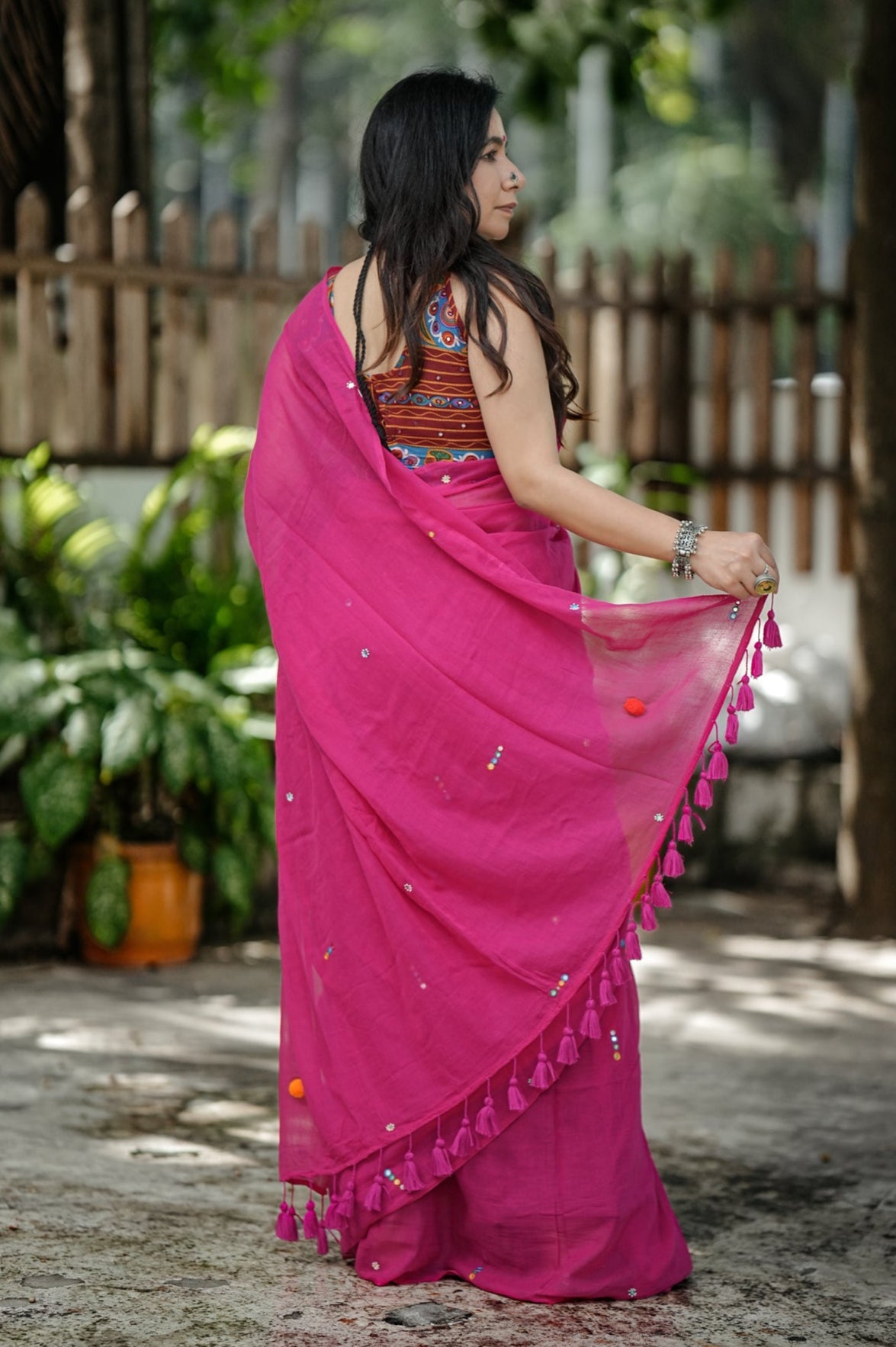 Mul Cotton Hand Mirror Work Pink Boho Saree