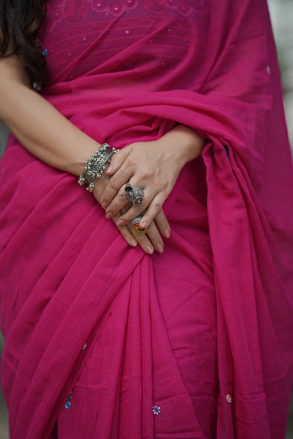 Mul Cotton Hand Mirror Work Pink Boho Saree