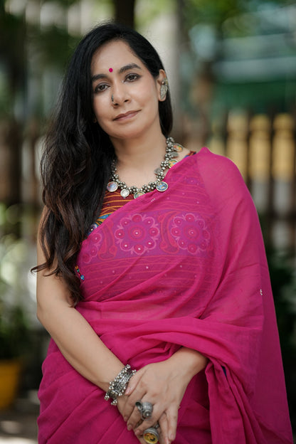 Mul Cotton Hand Mirror Work Pink Boho Saree