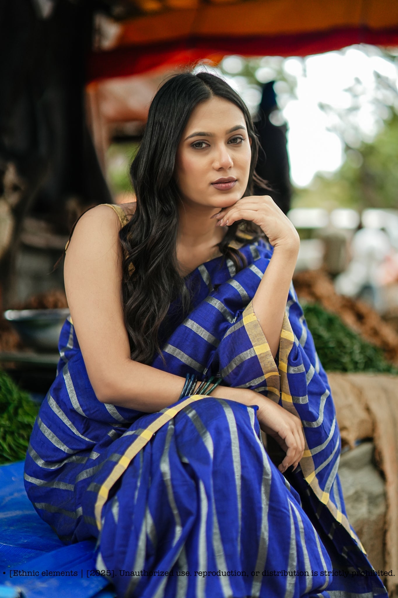 Stripe Handloom Mul Cotton Saree Royal Blue