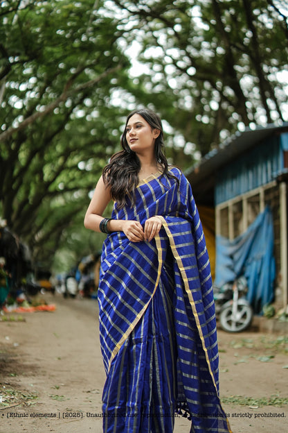 Stripe Handloom Mul Cotton Saree Royal Blue