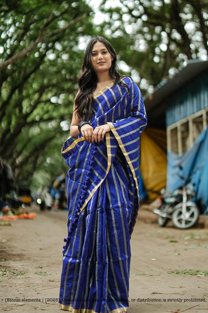Stripe Handloom Mul Cotton Saree Royal Blue