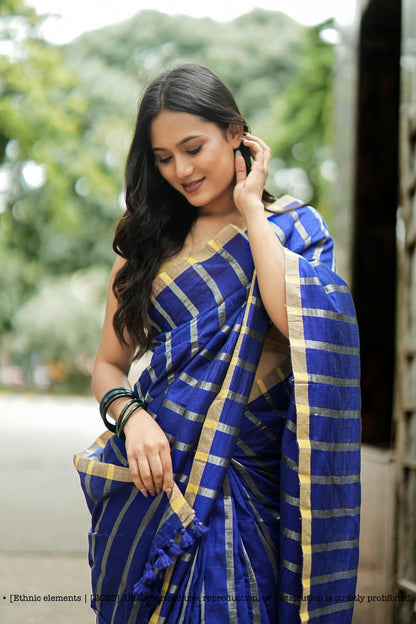 Stripe Handloom Mul Cotton Saree Royal Blue