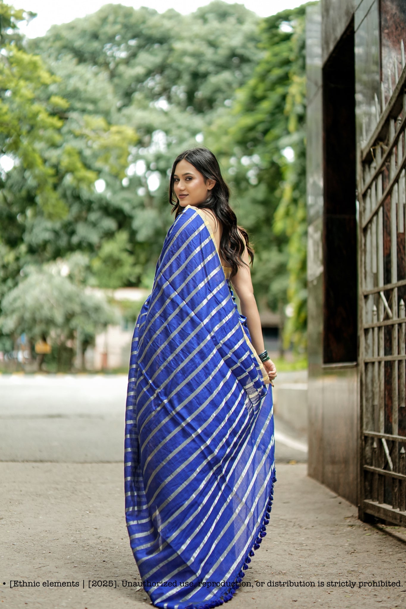 Stripe Handloom Mul Cotton Saree Royal Blue