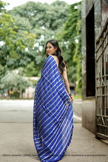 Stripe Handloom Mul Cotton Saree Royal Blue