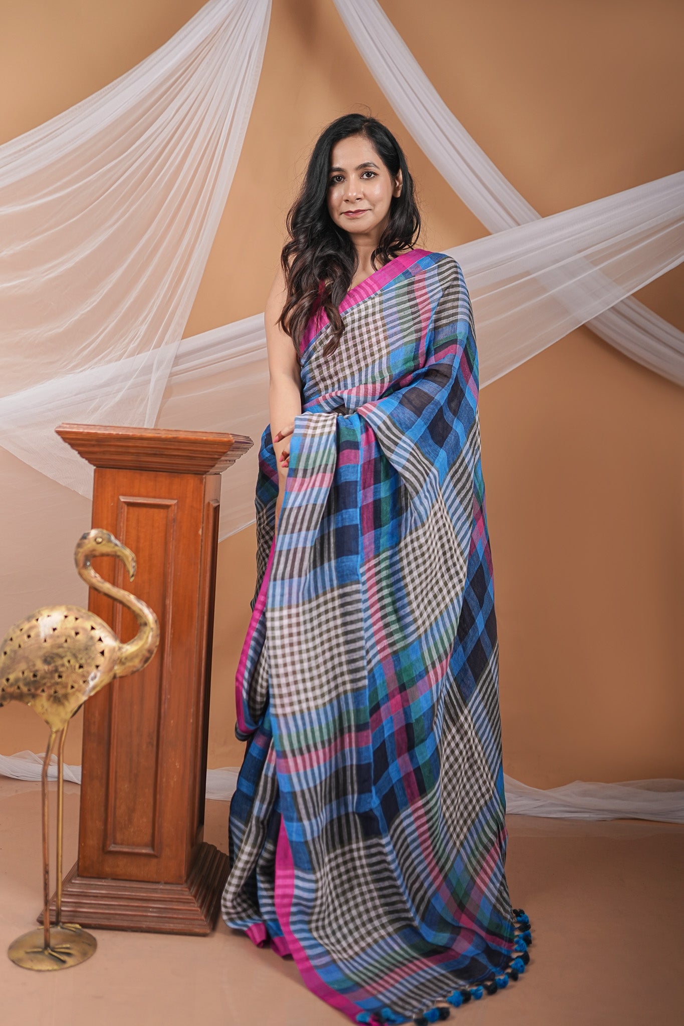 Handwoven Linen Jamdani Saree with Multicolor Checks