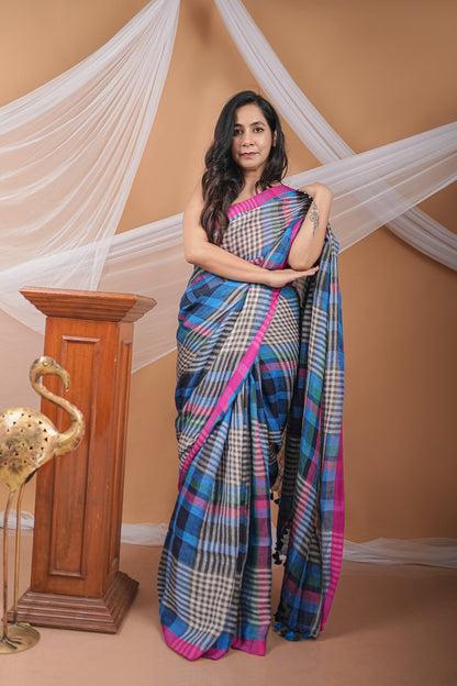 Handwoven Linen Jamdani Saree with Multicolor Checks