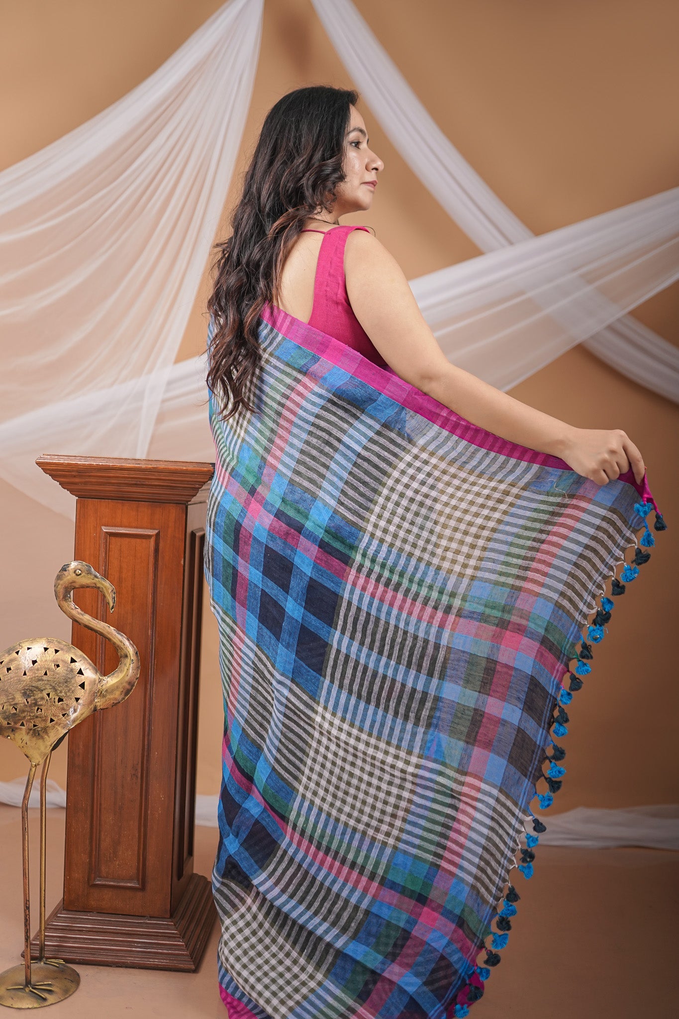 Handwoven Linen Jamdani Saree with Multicolor Checks