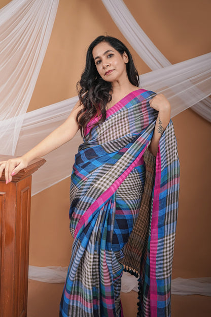 Handwoven Linen Jamdani Saree with Multicolor Checks