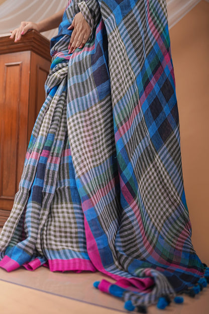 Handwoven Linen Jamdani Saree with Multicolor Checks