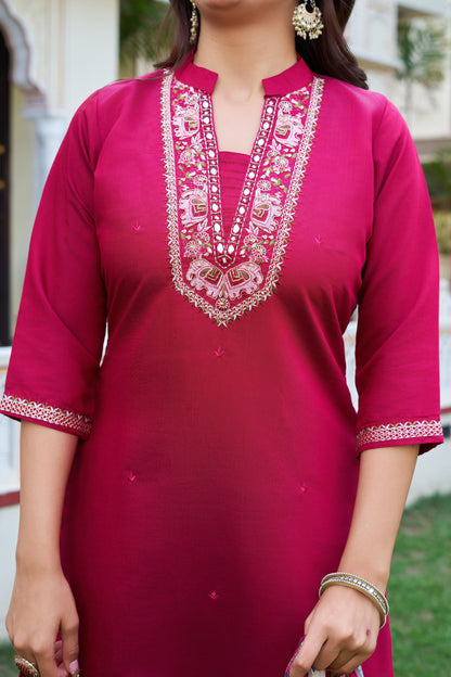 Elegant Rani Pink Embroidered Kurta Pant Set with Printed Dupatta