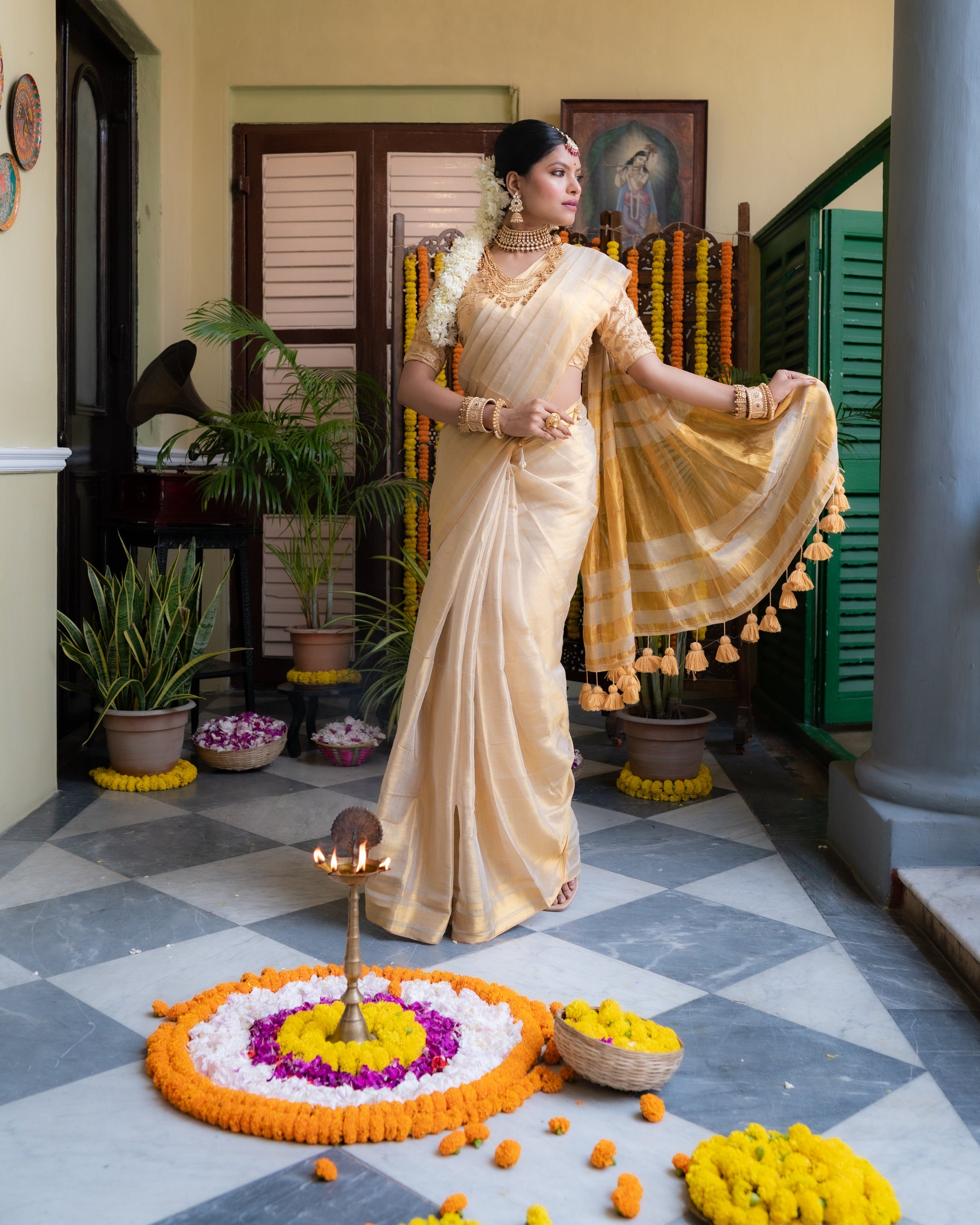 Mul Cotton Tissue Saree - Golden Glow