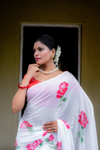Gulab Hand Painted Mul Cotton Saree