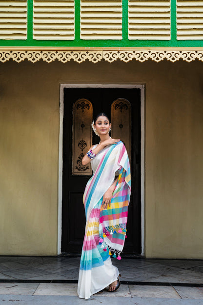 Mul Cotton Saree With White Rainbow Threads