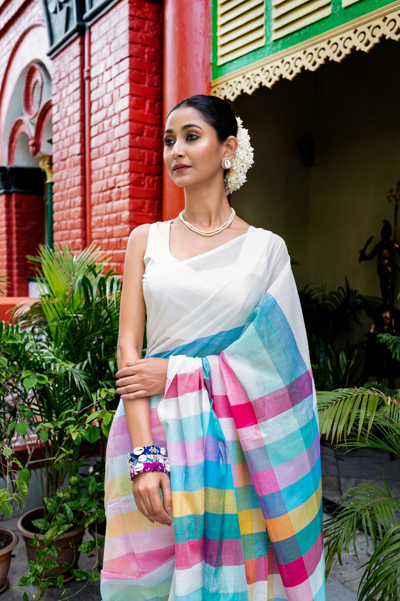 Mul Cotton Saree With White Rainbow Threads