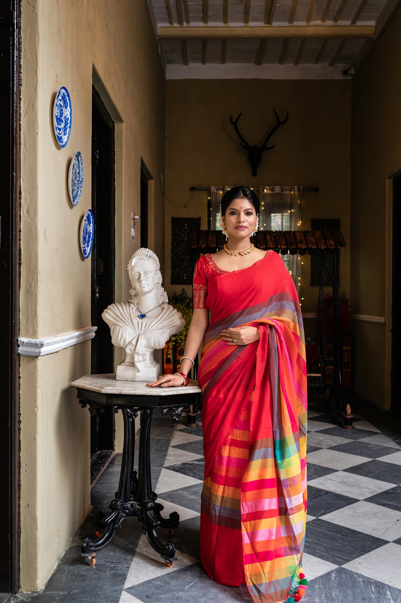 Red Rainbow Woven Mul Cotton Handloom Saree