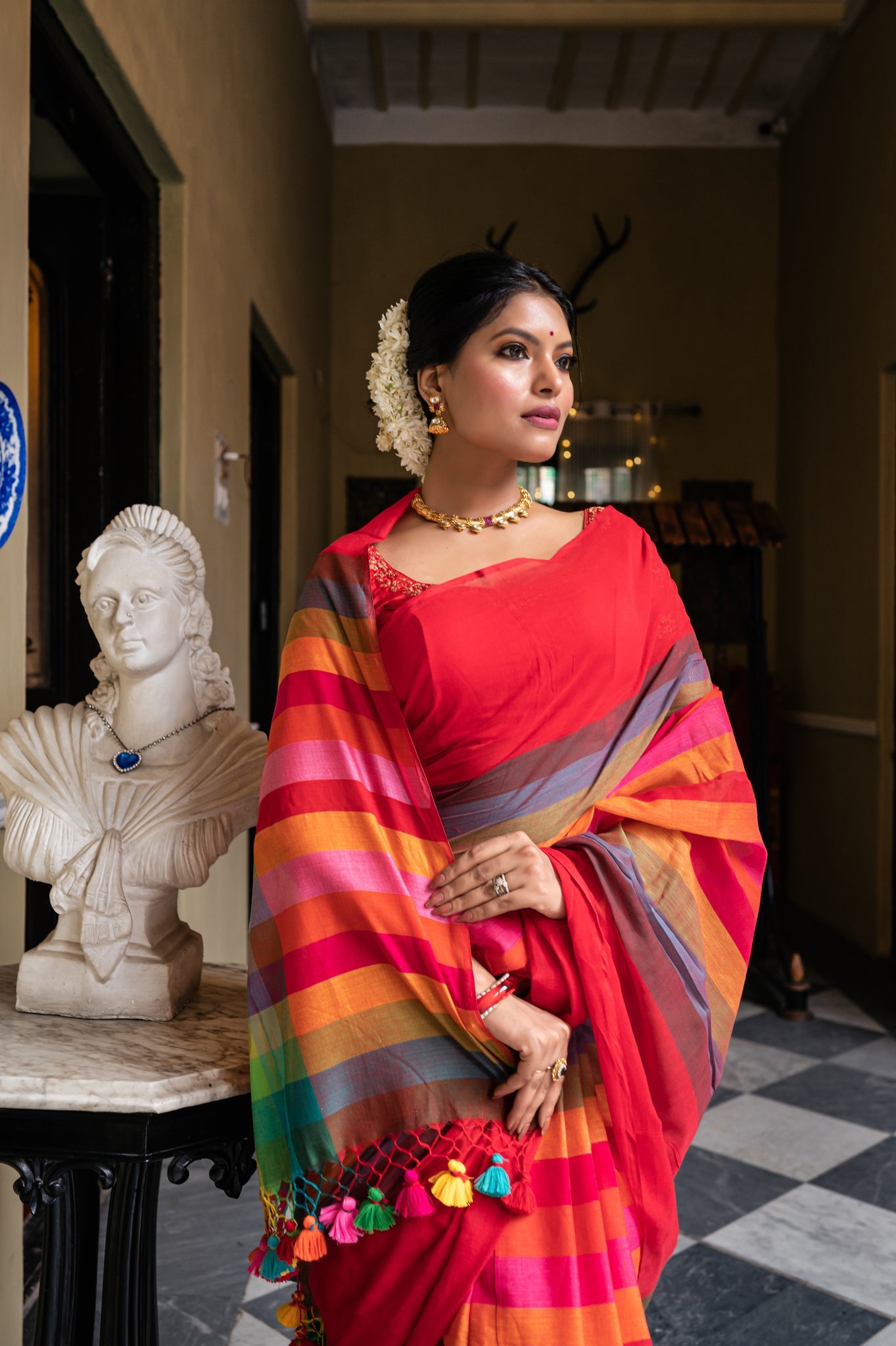 Red Rainbow Woven Mul Cotton Handloom Saree